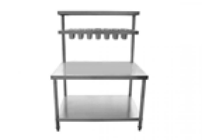 Pick up table with 1 bottom shelf and 2 over head shelves with containers